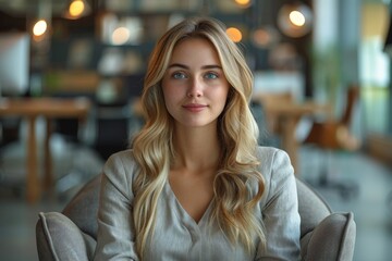 Serene photograph of a smiling blond woman with captivating blue eyes, wearing a casual blouse in a calm setting