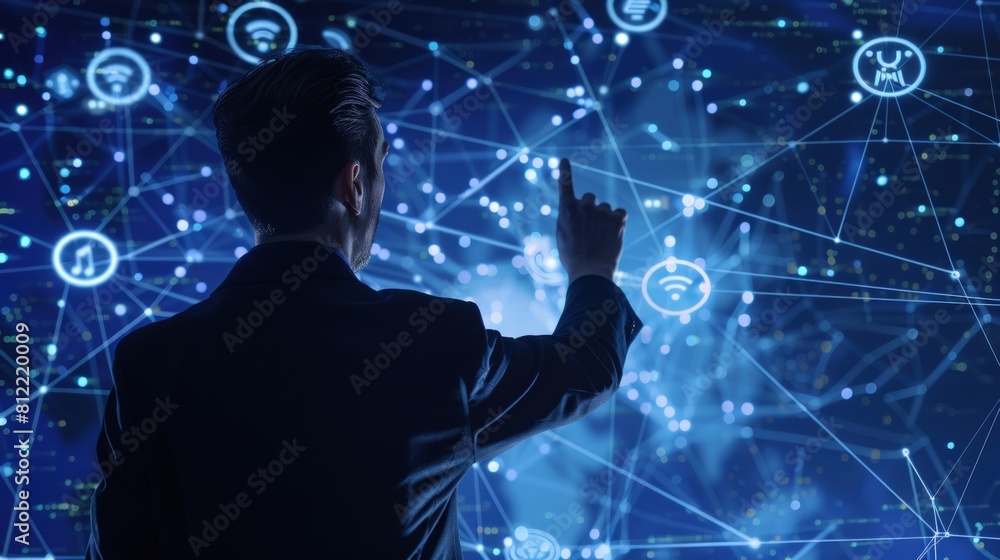 Poster a businessman touching a digital hologram icon representing a global network and data flow.