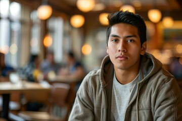 Obraz premium A contemplative young man sits in a cafe with soft bokeh lights in the background, creating a thoughtful mood