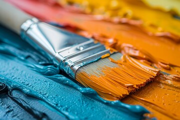 Fototapeta premium A vivid close-up of a paintbrush with orange paint over blue and yellow strokes on a canvas, showing texture and creativity