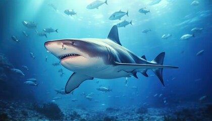 Fototapeta premium The great White Shark in the ocean, portrait of White shark hunting prey in the underwater