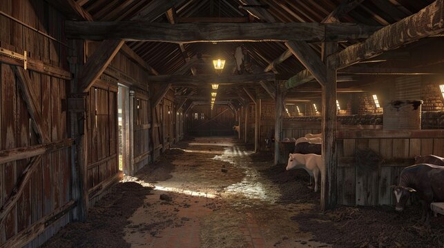 This is a long, dark room with a dirt floor. There are wooden beams supporting the ceiling and the walls are made of rough-cut stones.

