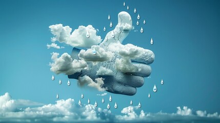 Positive Review Illustrated: A Geometric Thumbs Up Made of Clouds and Raindrops