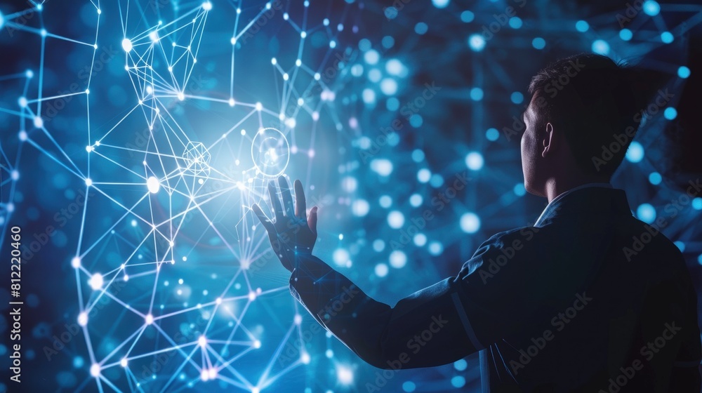 Poster a businessman touching a digital hologram icon representing a global network and data flow.