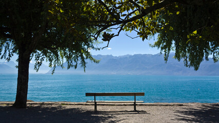 Empty bench by the Leman lake, Switzerland