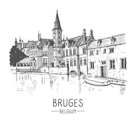 Vector travel sketch of Bruges, Belgium. Historical building line art. Freehand drawing. Hand drawn travel postcard. Hand drawing of Bruges. Urban sketch in black color isolated on white background.