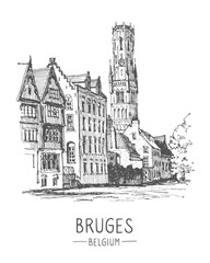 Travel vector sketch of Bruges, Belgium. Urban sketch in black color isolated on white background. Historical building line art. Freehand drawing. Hand drawn travel postcard. Hand drawing of Bruges. 