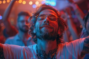 Obraz premium Back view of a person with arms raised in a party atmosphere with colored lights and energy