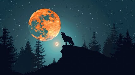 A wolf howls at the moon in a dark forest