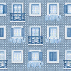 Balconies and windows in a seamless pattern with wooden shutters and laundry on a rope on an old city street in blue and white monochrome colors. For background, wrapping paper, fabric.
