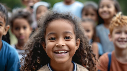 Smiling cute little african american girl looking at camera with afro fluffy hair. Portrait of a happy girl.