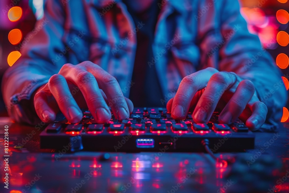 Poster close-up view of hands typing on a backlit mechanical keyboard with vibrant colors