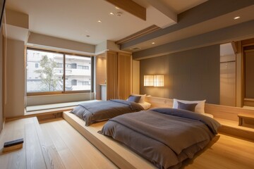 a large room with wooden furniture and a window and separate beds. hotel service