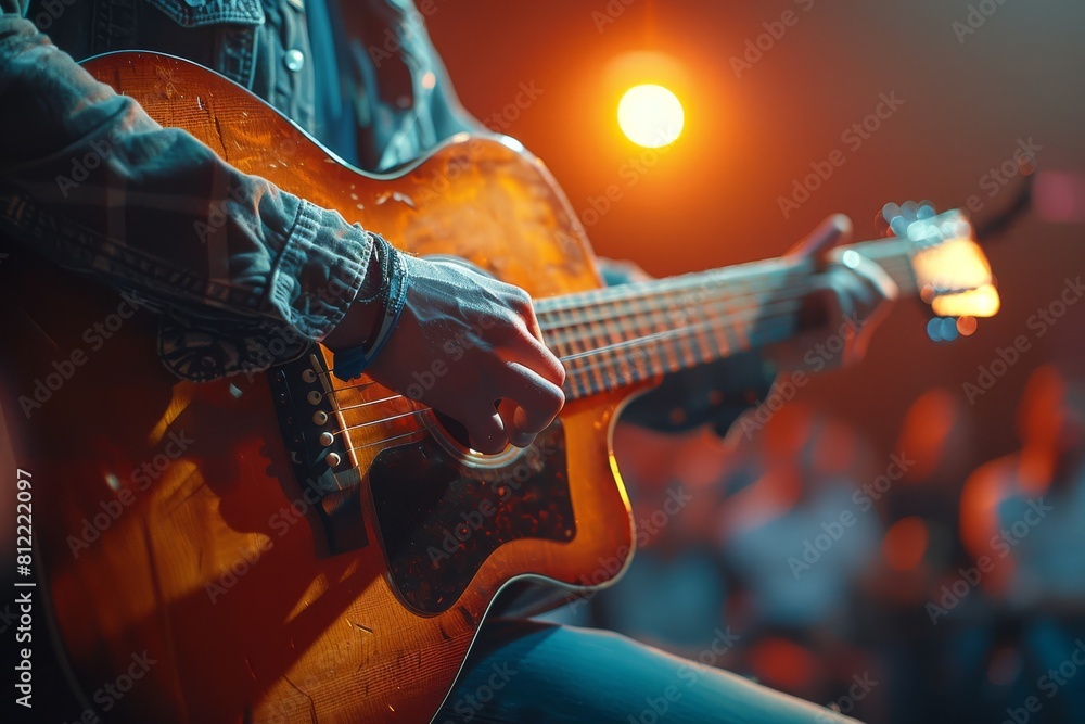 Poster a detailed image capturing the hands of a guitarist strumming the strings while performing live on s
