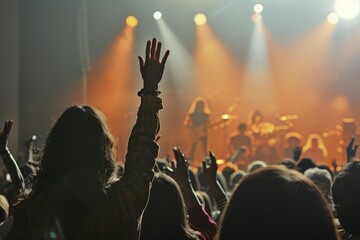 A person enjoying a live concert, raising their hand amidst a crowd, focused on the stage