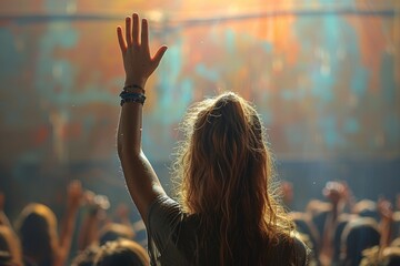 The golden hour sun illuminates a concertgoer with their hand raised, enjoying a live music event