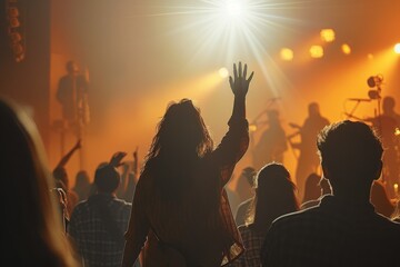 A silhouette of a dynamic crowd at a concert, with a central figure raising their hand towards a brightly lit stage