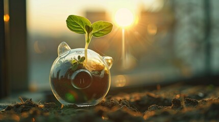 Savings money concept with a sprout growing on piggy bank glass in the morning sunlight. Generate AI