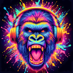 Digital art vibrant colorful cool gorilla wearing headphones vibin to music