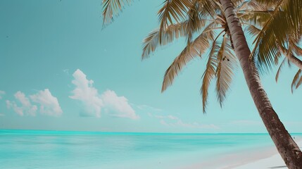 serene turquoise beach with palm trees swaying in the gentle breeze