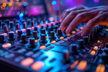 Image showcases a DJ's hands adjusting knobs on a mixing console with vibrant nightclub lights