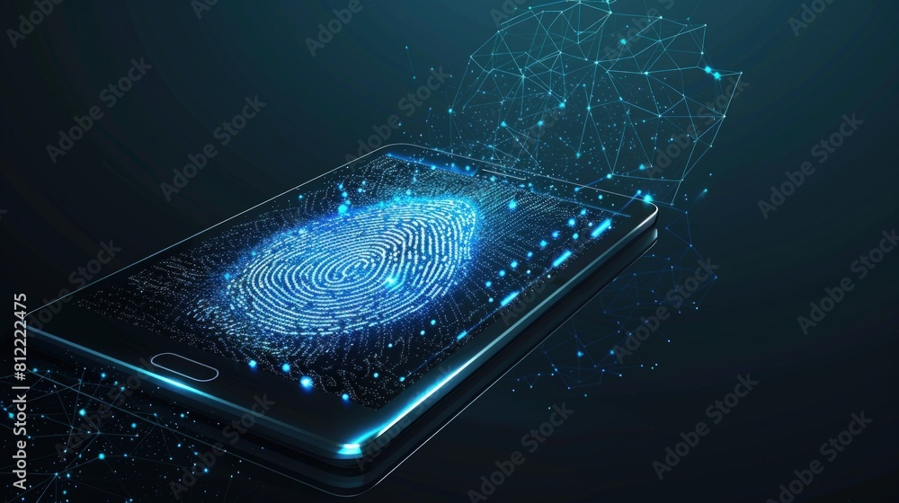 Poster a tablet with a digital fingerprint displayed prominently on the screen.