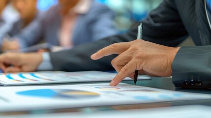 Closeup businessman hand pointing at company document at meeting room. Generated AI image