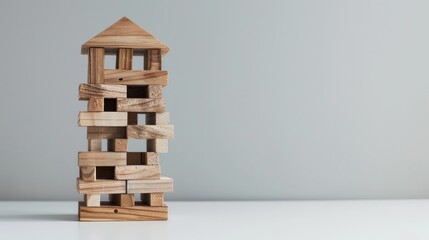 Miniature house model on wood tower blocks for property management concept. Generated AI image