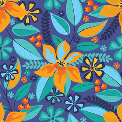 Vector floral seamless pattern with flowers, leaves, twigs, berries.