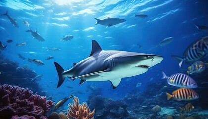 Fototapeta premium The great White Shark in the ocean, portrait of White shark hunting prey in the underwater