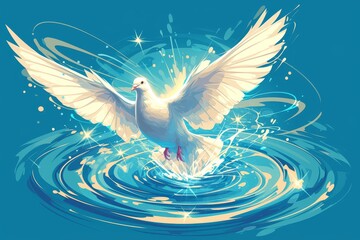 A white dove flaps its wings on the river, vector illustration style, flat design, green and blue background