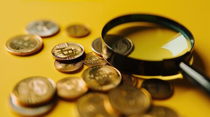 Searching pile gold coins with a magnifying glass on yellow background. Generated AI image