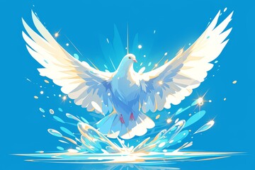 A white dove flaps its wings on the river, vector illustration style, flat design, green and blue background