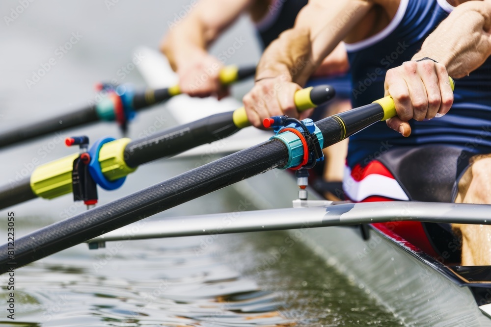 Poster synchronized rowers show perfect teamwork in olympic rowing, symbolizing unity and coordination