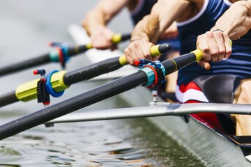 Synchronized rowers show perfect teamwork in olympic rowing, symbolizing unity and coordination