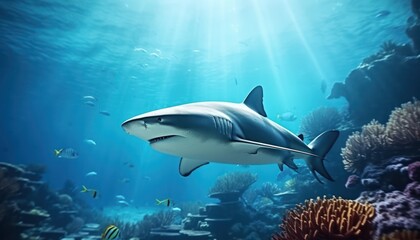 Obraz premium The great White Shark in the ocean, portrait of White shark hunting prey in the underwater