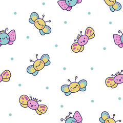 Smiling kawaii butterfly. Seamless pattern. Cute cartoon funny insects. Hand drawn style. Vector drawing. Design ornaments.