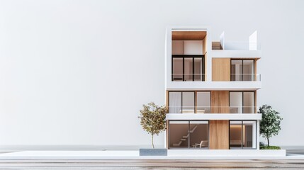 Modern miniature house model on white background. Generated AI image - obrazy, fototapety, plakaty