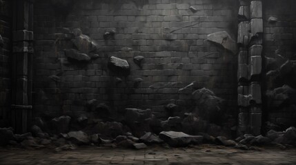 Animated scene of a crumbling brick wall in a dark environment