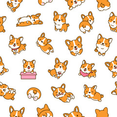 Obraz premium Cute kawaii corgi dog. Seamless pattern. Funny puppy cartoon animal characters. Hand drawn style. Vector drawing. Design ornaments.
