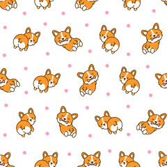 Fototapeta premium Cute kawaii corgi dog. Seamless pattern. Funny puppy cartoon animal characters. Hand drawn style. Vector drawing. Design ornaments.