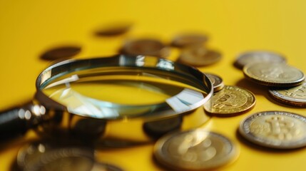 Searching pile gold coins with a magnifying glass on yellow background. Generated AI image