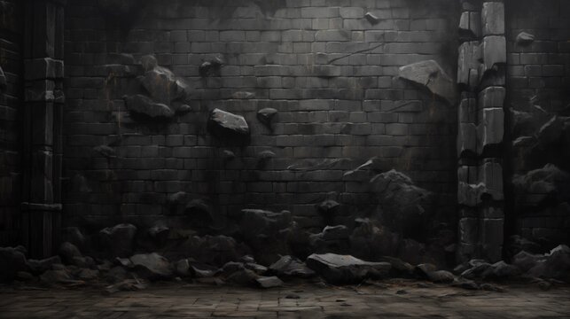Animated scene of a crumbling brick wall in a dark environment
