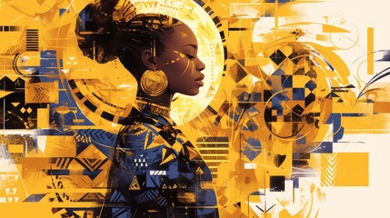 An African woman with tribal marks, surrounded by abstract geometric patterns and shapes in earthy tones. The background is a collage of circles, triangles, squares, lines, and dots