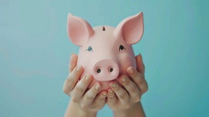 Saving money of women hands hold a piggy bank on blue background. Generated AI image