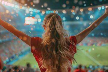 Back view of young woman with raised hands at soccer or football stadium