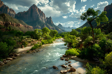 Sublime Landscape: A picturesque View Of A River Under The Sky, In The Heart Of US National Park