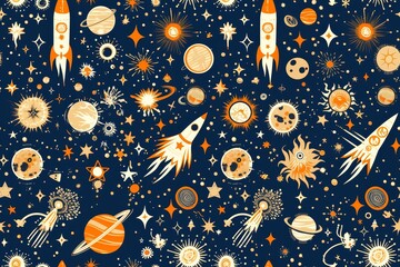 A vibrant cartoon pattern featuring space exploration elements like rockets, planets and stars on a dark blue background, creating an enchanting atmosphere for kids - obrazy, fototapety, plakaty