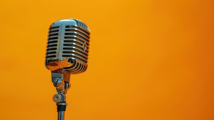 A silver retro microphone is sitting on a stand against an orange background.

