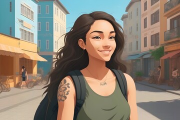 Fototapeta premium a happy cartoon beautiful young woman of color, traveling, backpacking, through a rustic bustling town on vacation. 